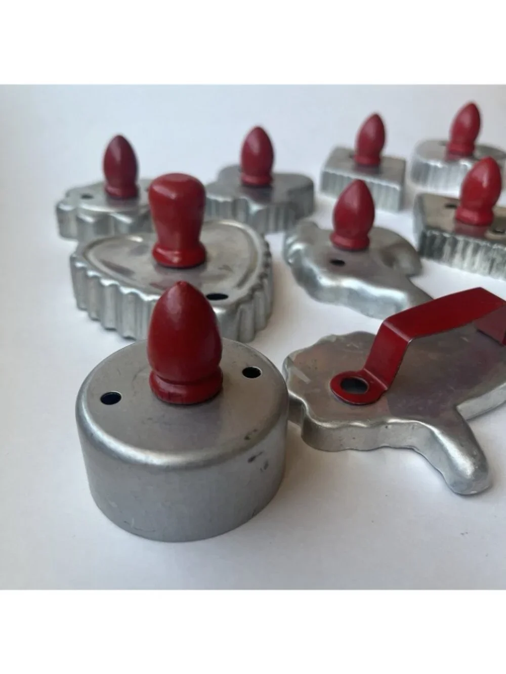 Vintage 12 Aluminum Cookie Cutters Red Handle Knobs Baking Retro Kitchen Decor